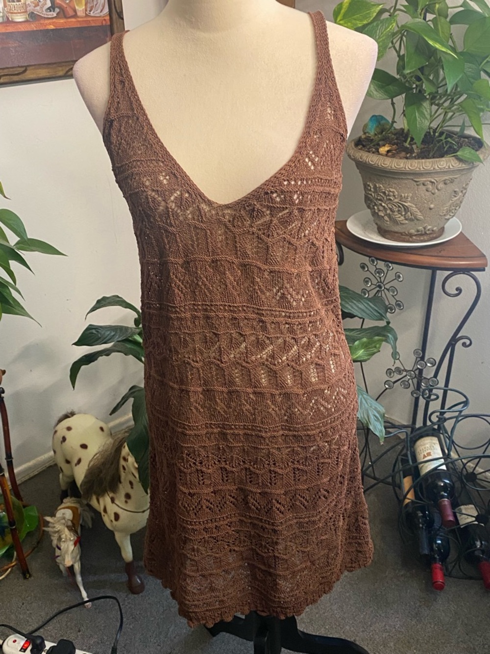 Zara Brown Crochet V-Neck Sleeveless Dress